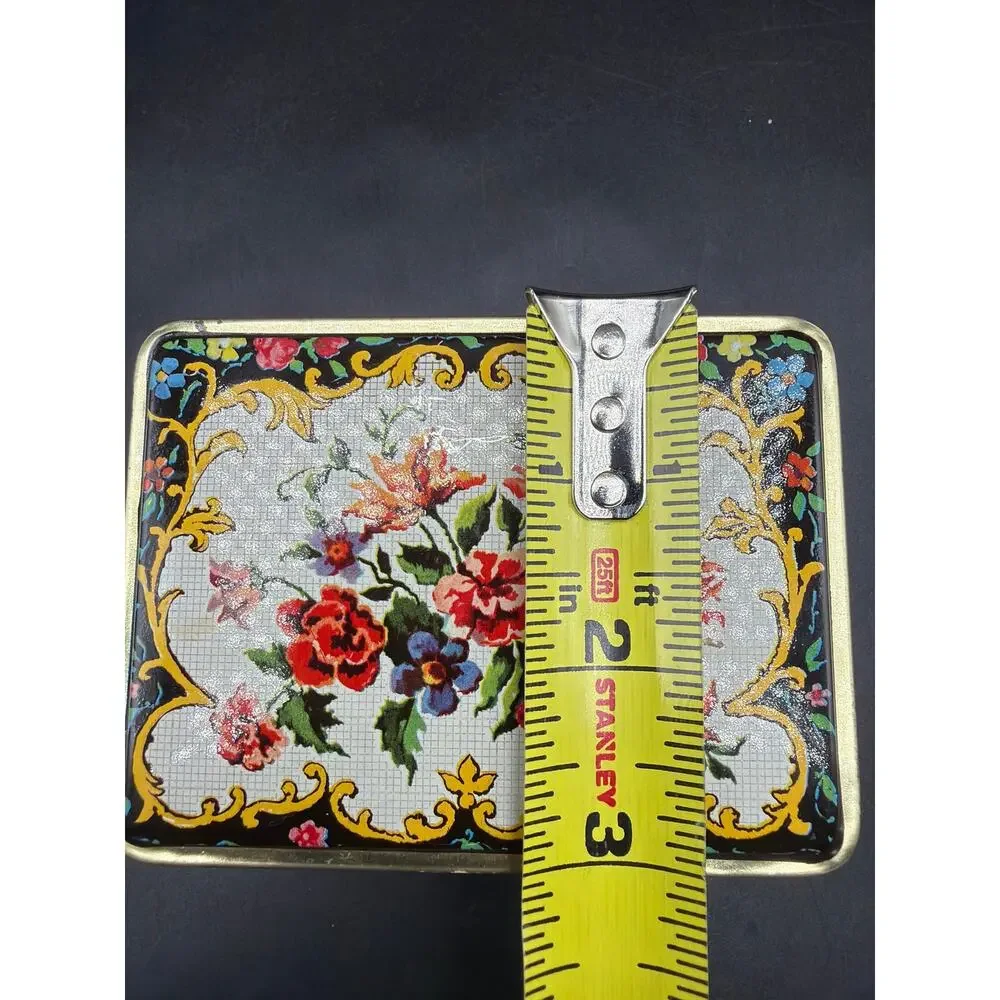 Vintage Daher Ware Floral Tin England Faux Needlepoint Tapestry Trinket Box 4x3